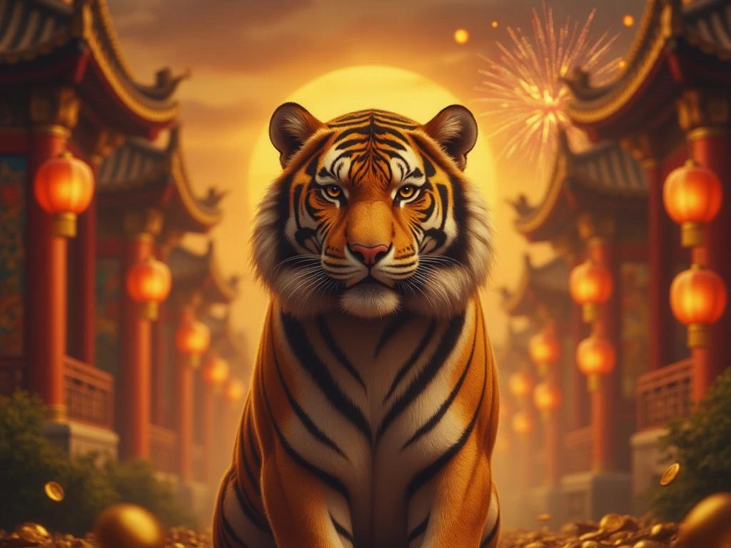 Fortune Tiger caça-níquel online com tigre dourado em cenário asiático, moedas brilhantes e símbolos de sorte em destaque.